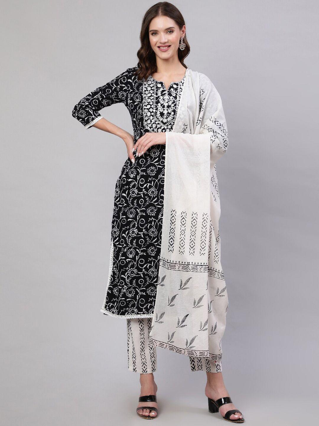mizaz floral printed thread work pure cotton kurta with trousers & dupatta