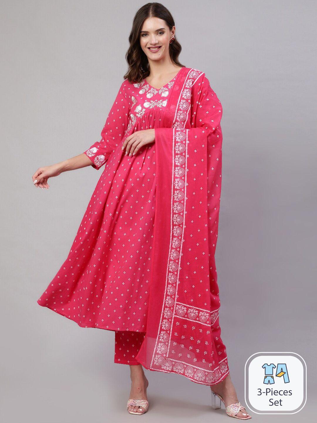 mizaz women pink floral embroidered empire pure cotton kurta with trousers & with dupatta