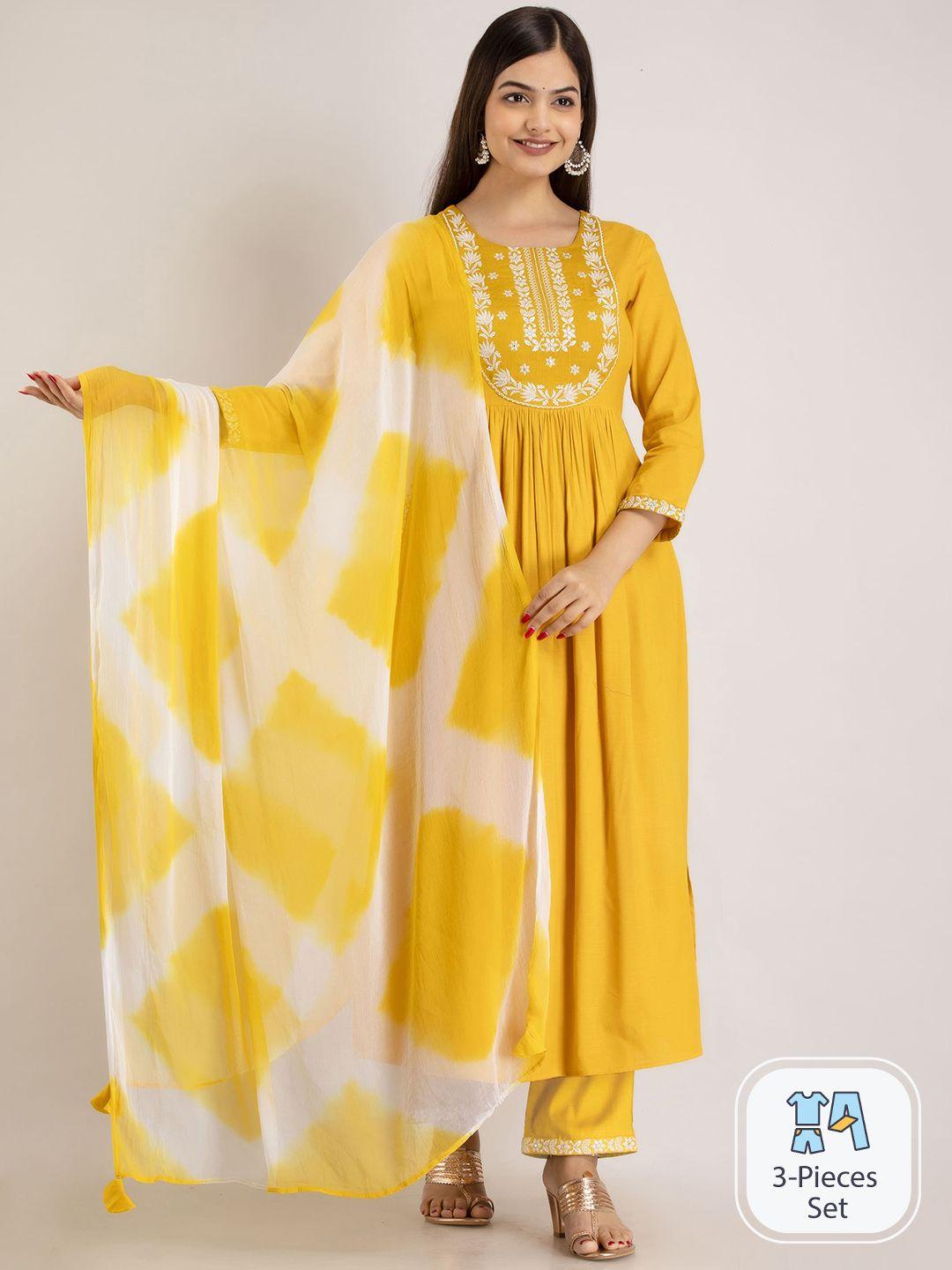 mizaz ethnic motifs embroidered pleated mirror work kurta with trousers & dupatta