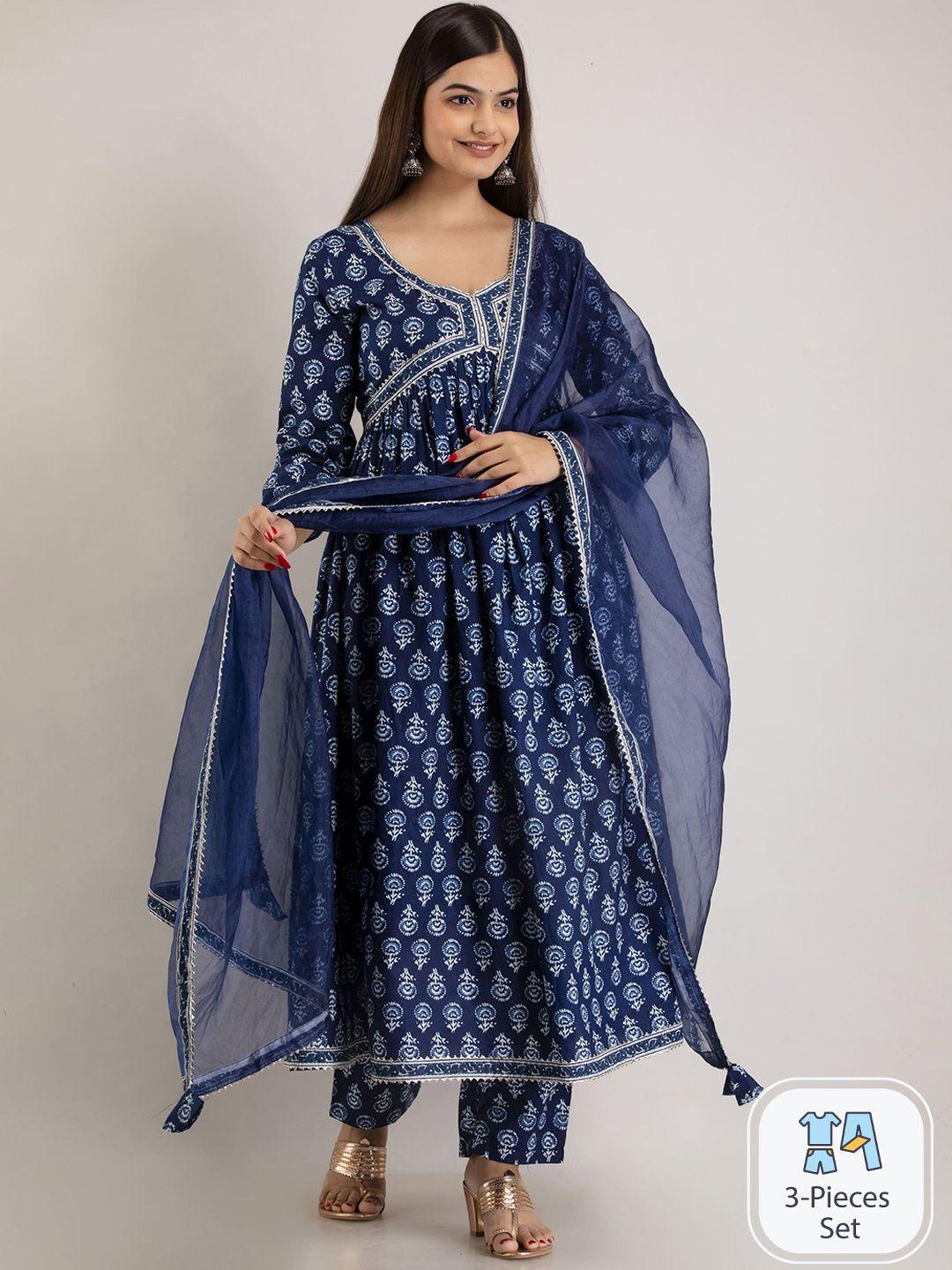 mizaz floral printed empire gotta patti kurta with trousers & dupatta