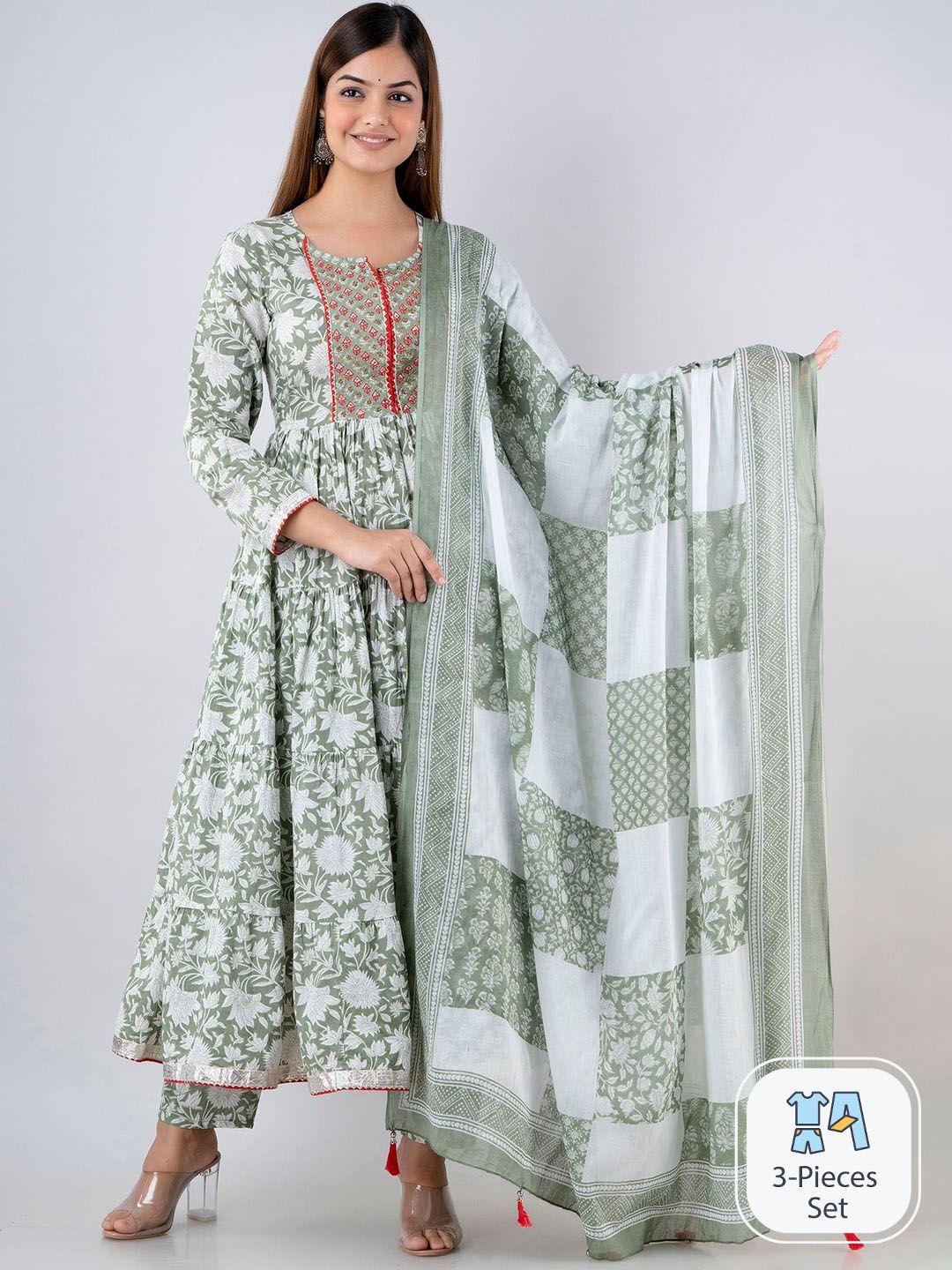 mizaz floral printed pure cotton anarkali kurta with trousers & dupatta