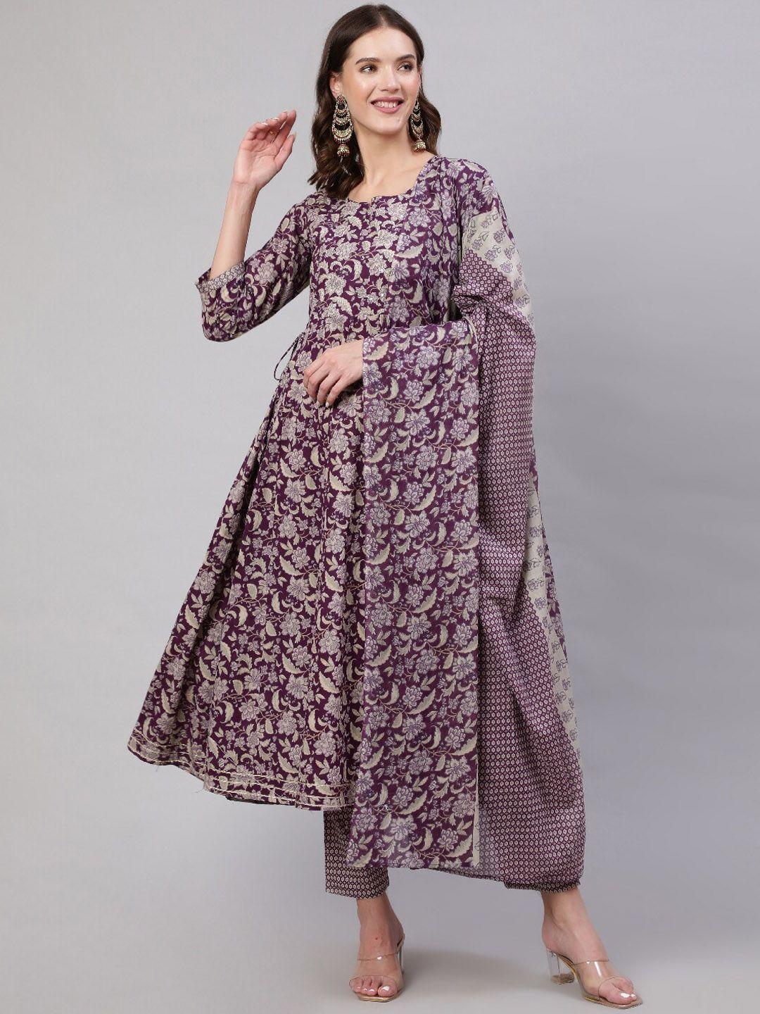 mizaz floral printed pure cotton anarkali kurta with trousers & dupatta