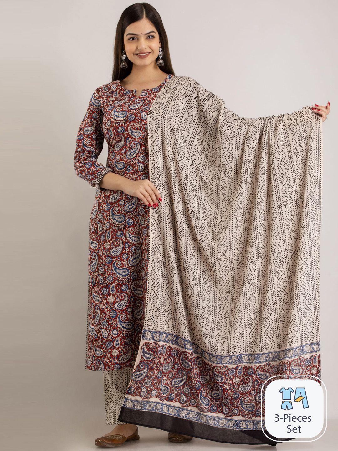 mizaz paisley printed regular pure cotton kurta & trousers with dupatta