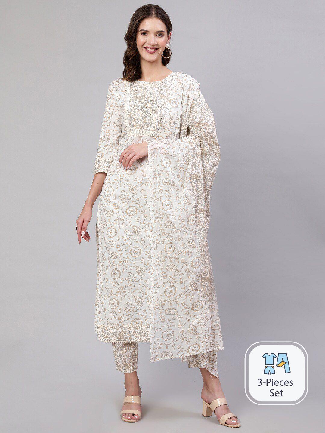 mizaz women beige paisley printed regular pure cotton kurta with trousers & with dupatta