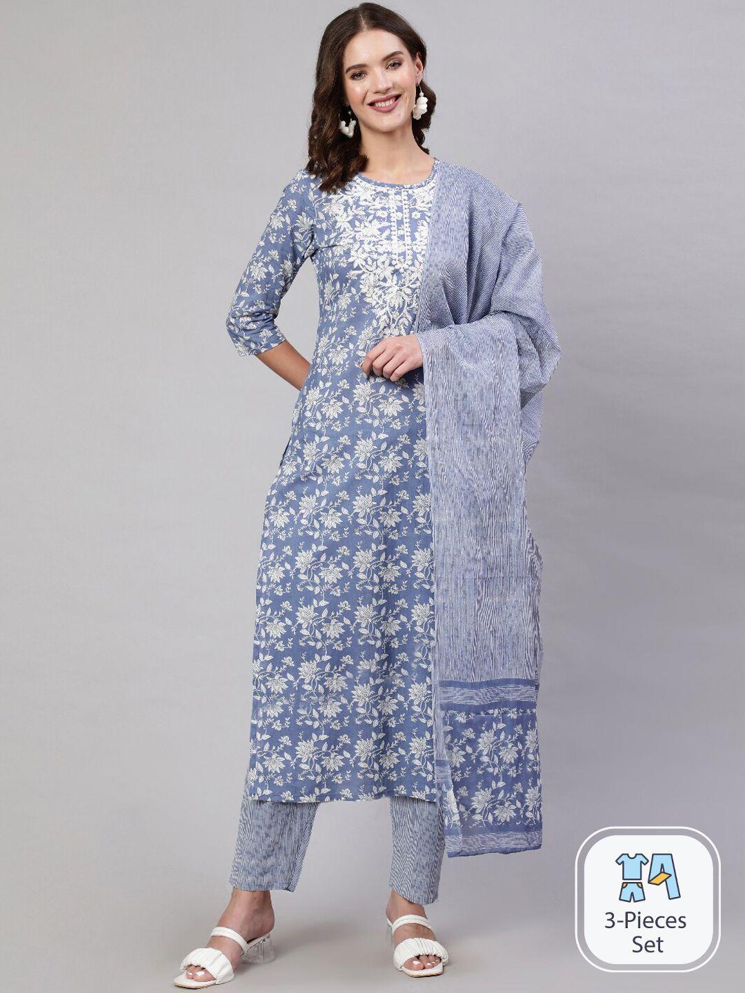 mizaz women blue floral printed regular pure cotton kurta with trousers & with dupatta