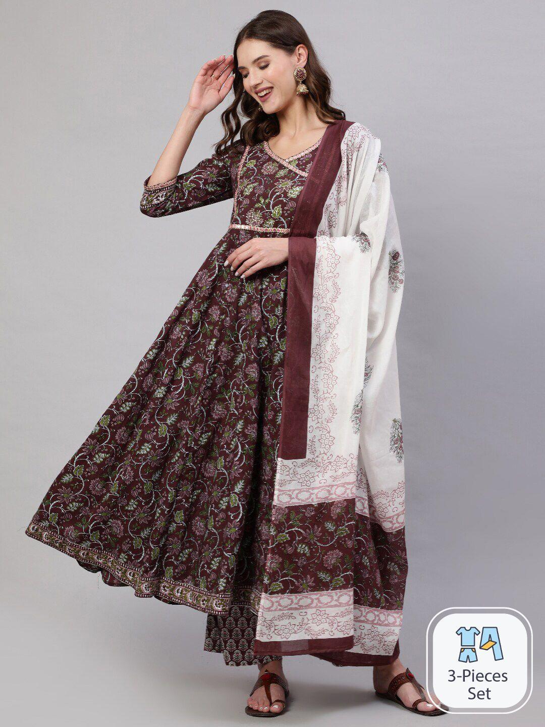 mizaz women brown floral printed regular pure cotton kurta with trousers & with dupatta
