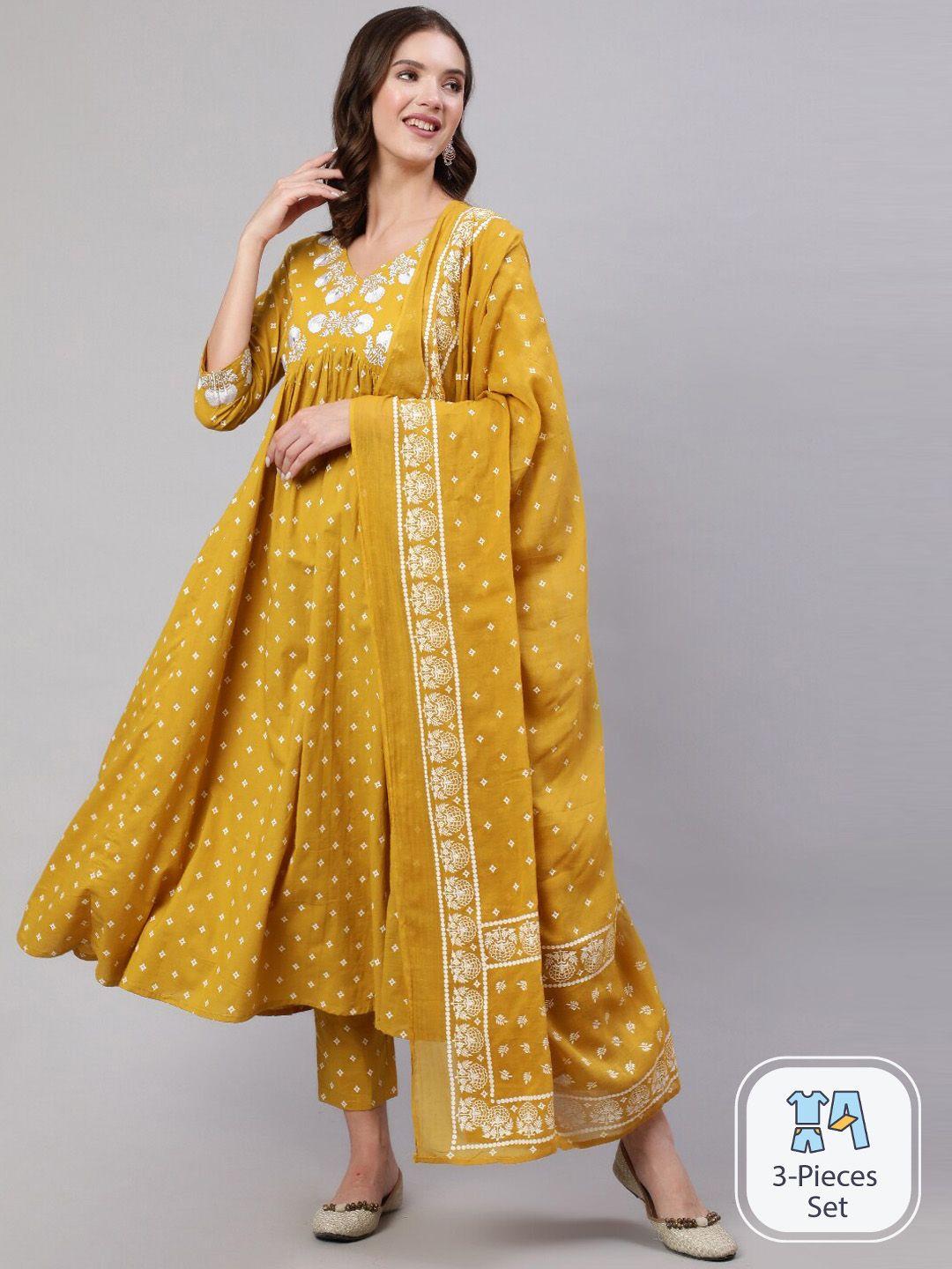 mizaz women mustard yellow floral embroidered empire pure cotton kurta with trousers & with dupatta