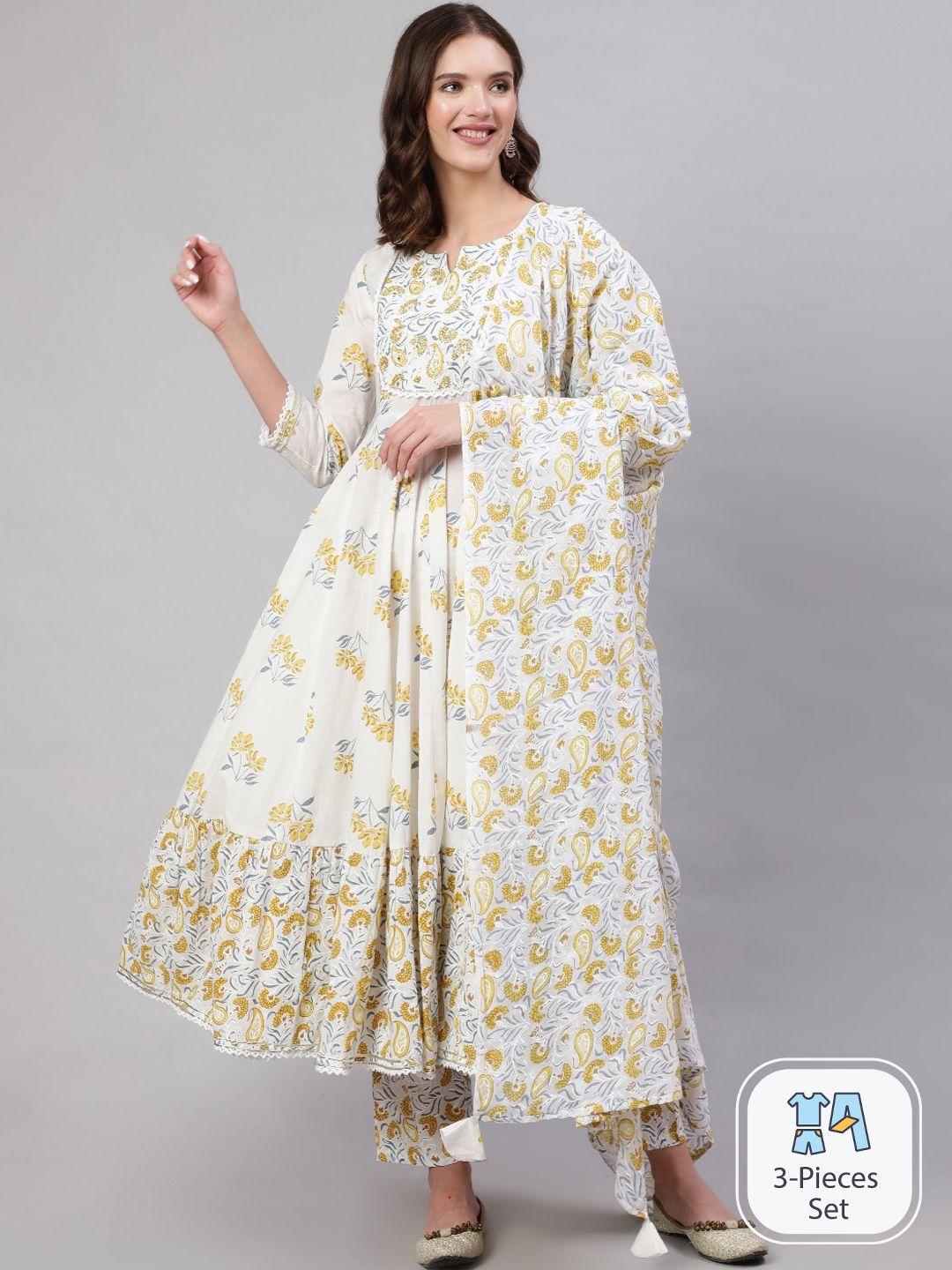 mizaz women mustard yellow floral printed empire pure cotton kurta with trousers & with dupatta