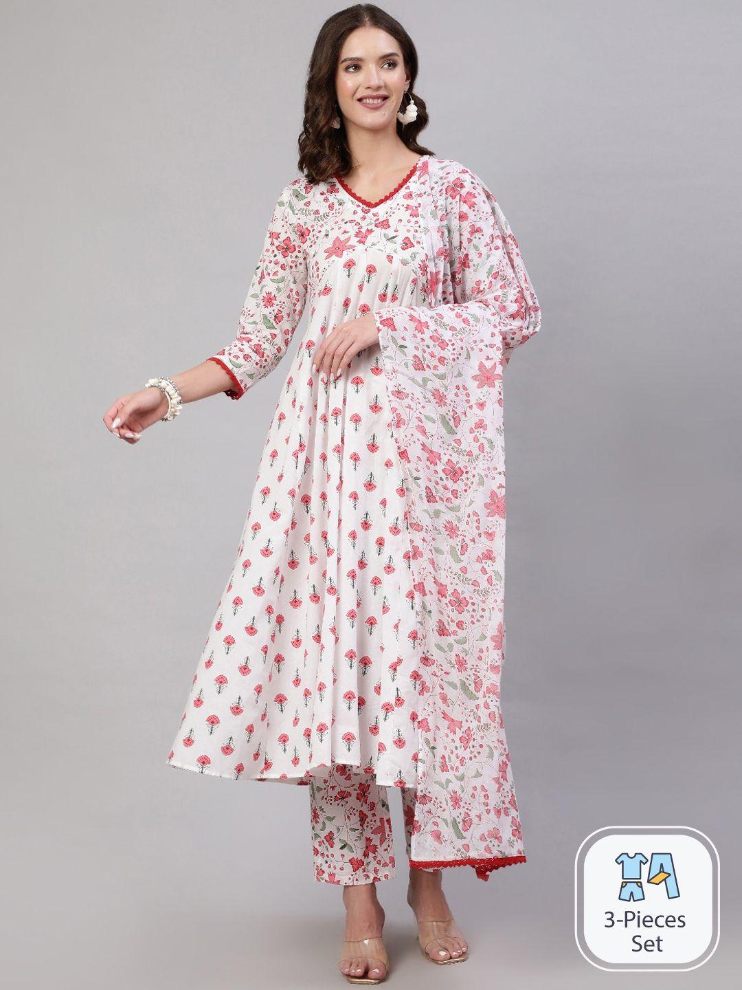 mizaz women pink floral printed regular pure cotton kurta with trousers & with dupatta