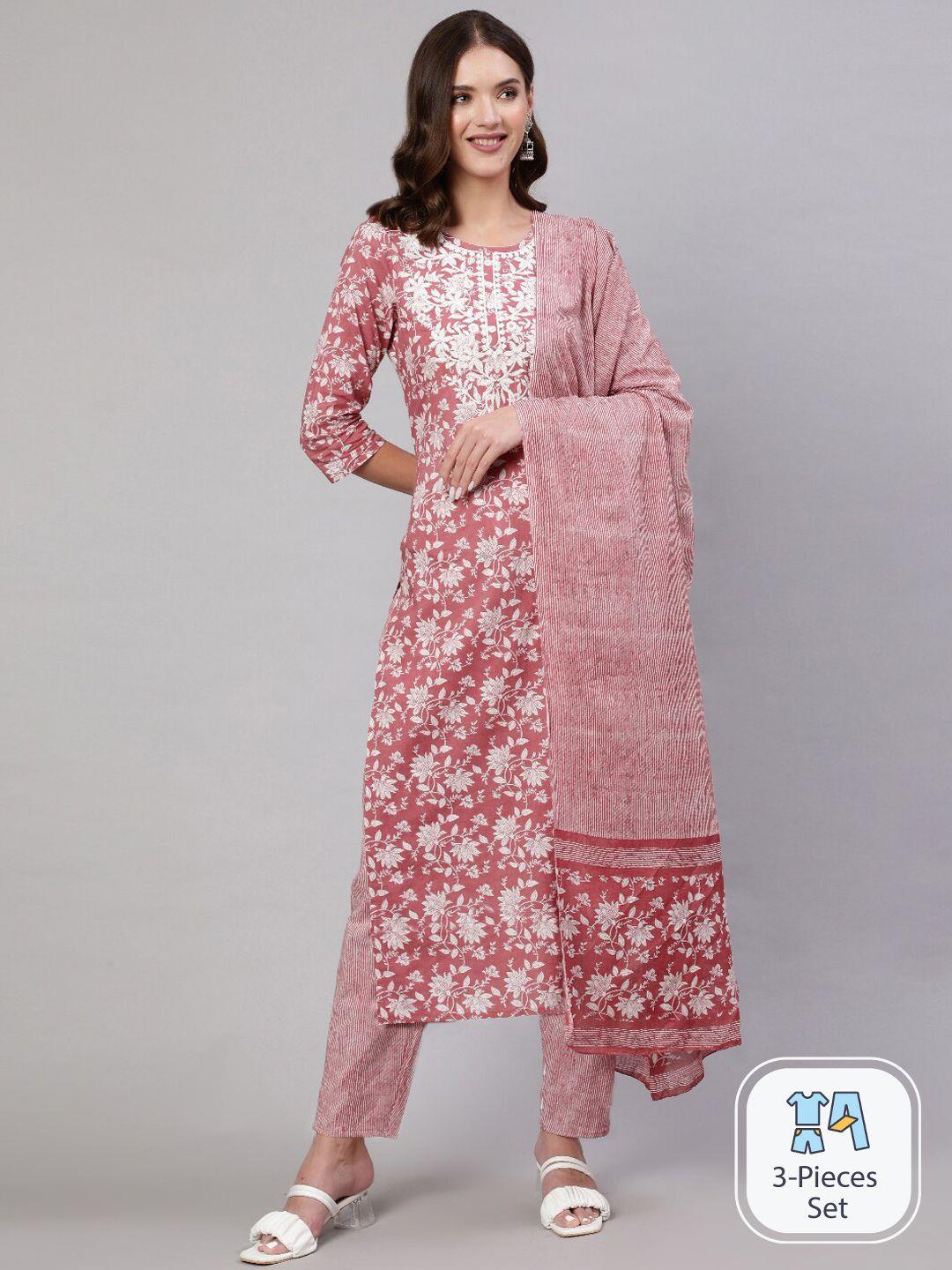 mizaz women pink floral printed regular thread work pure cotton kurta with trousers & with dupatta