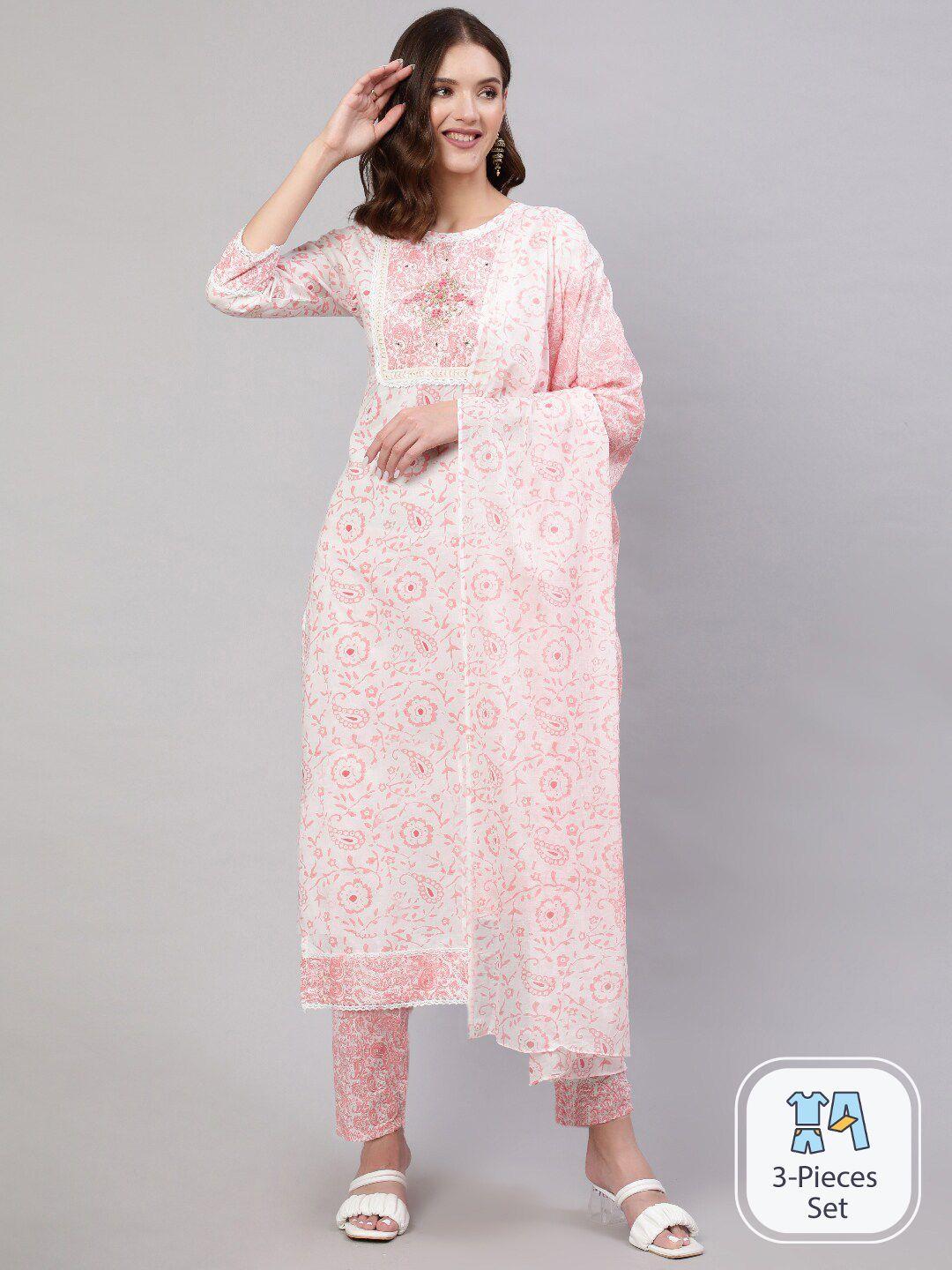 mizaz women pink floral printed regular zardozi pure cotton kurta with trousers & with dupatta