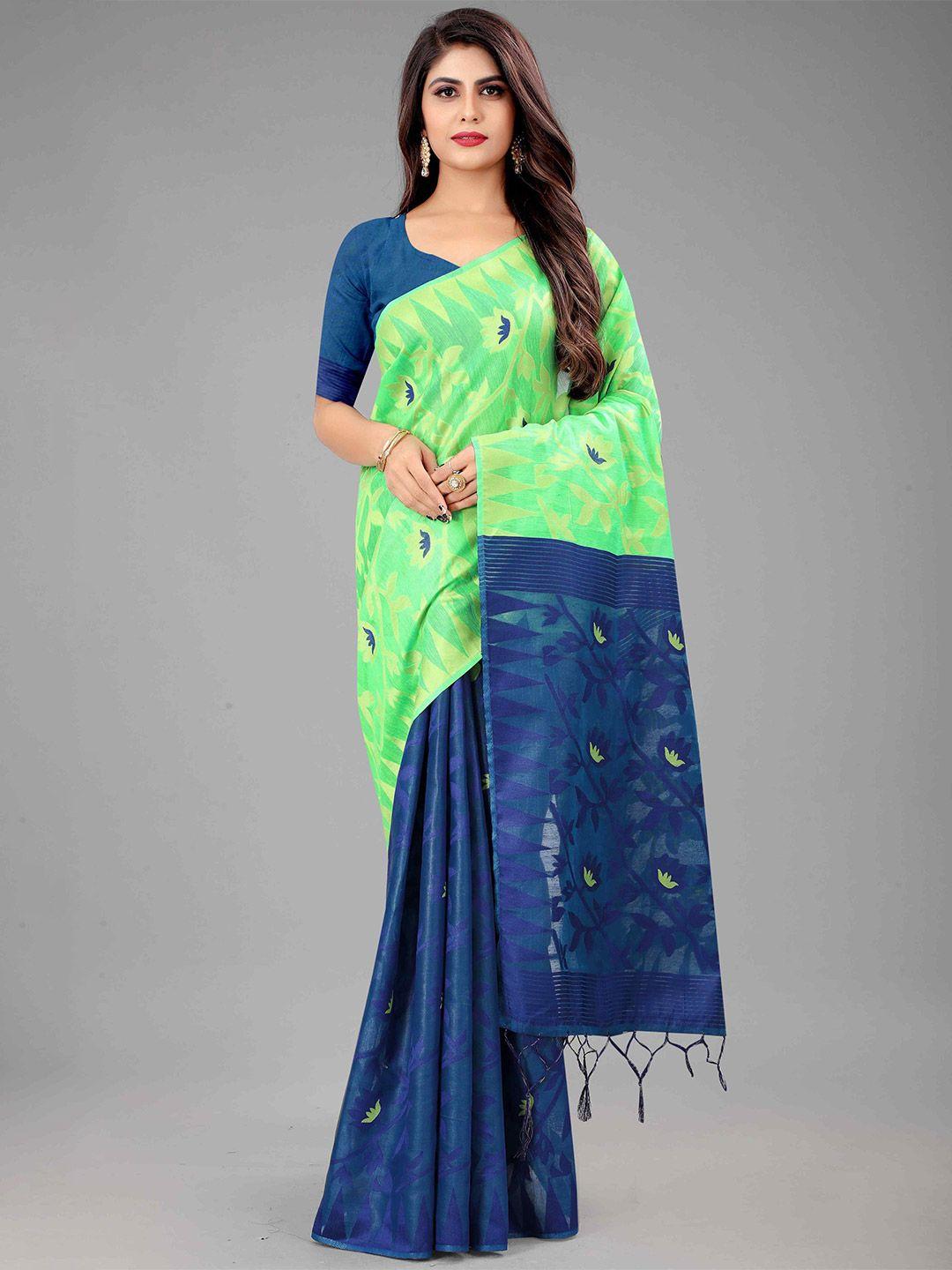 mizzific blue & green floral zari jamdani saree