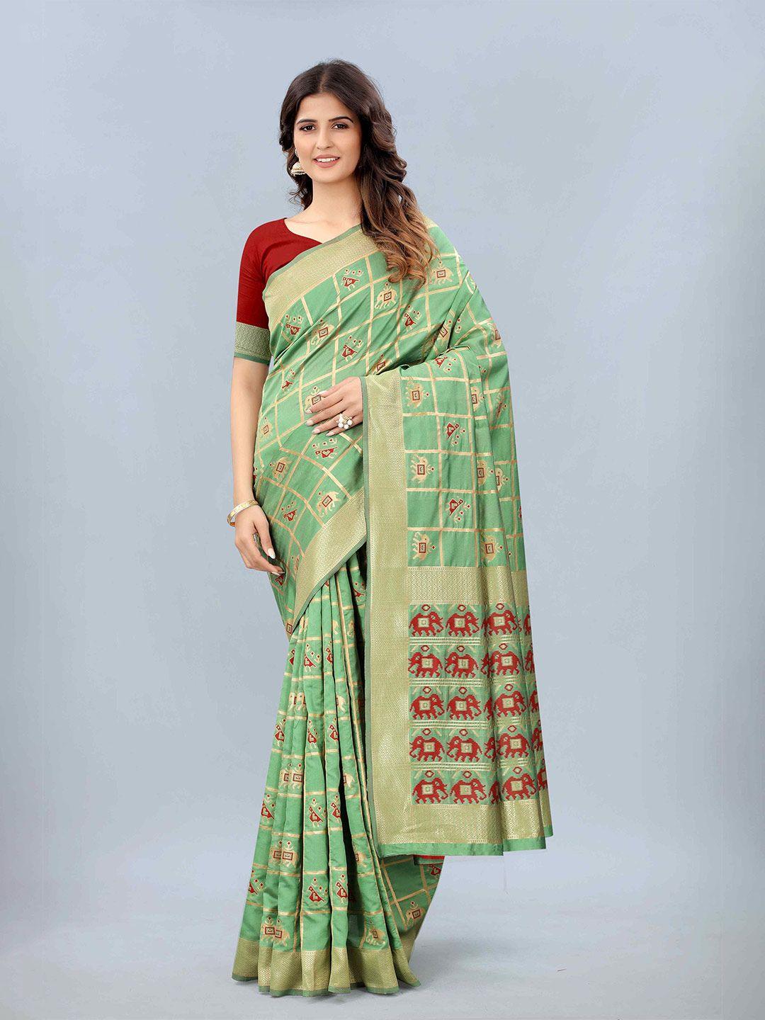 mizzific lime green & red woven design zari silk cotton banarasi saree