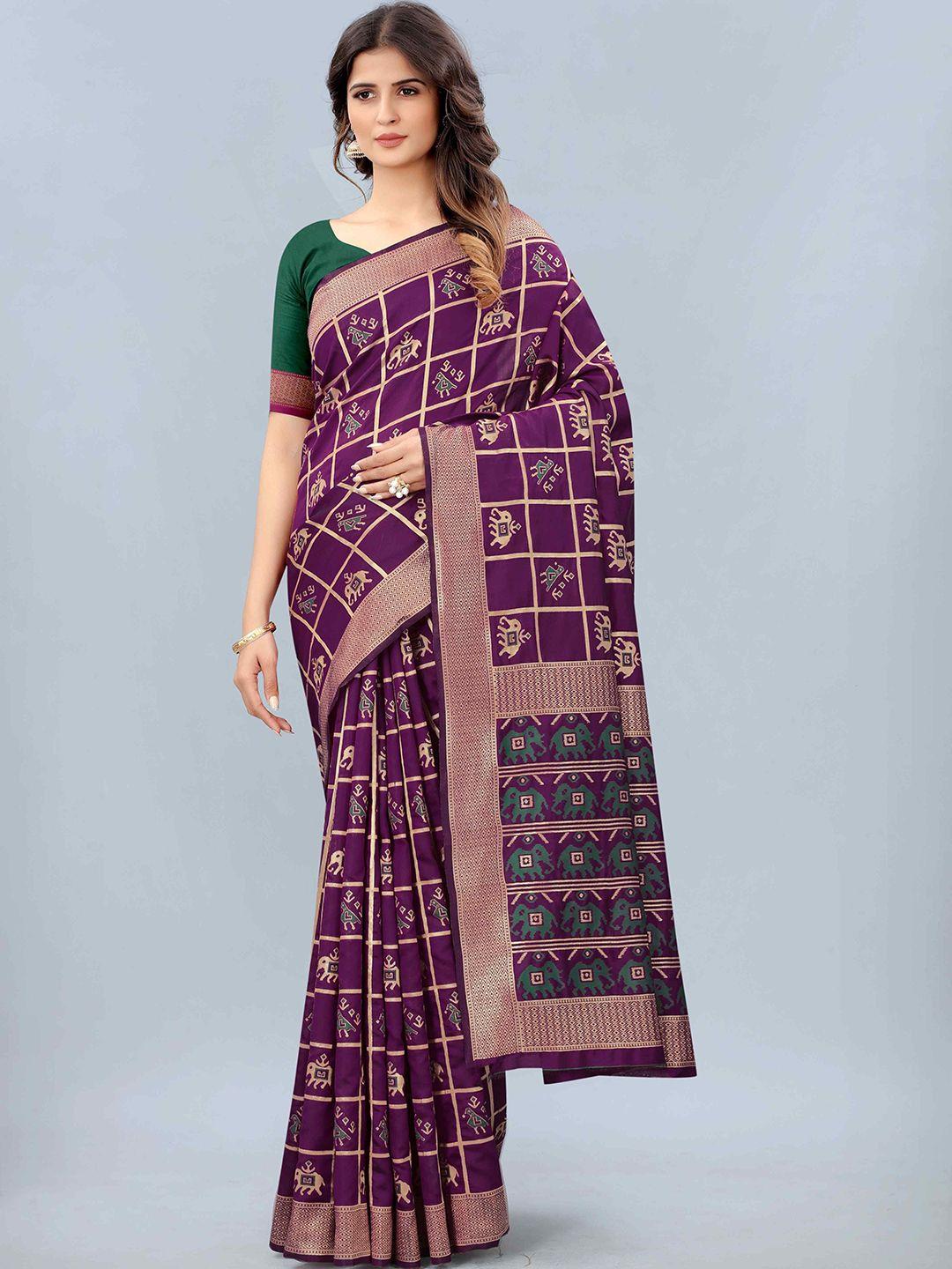 mizzific purple & gold-toned woven design zari silk cotton banarasi saree