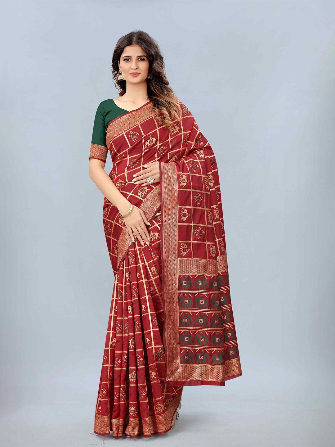 mizzific red & green woven design zari silk cotton banarasi saree