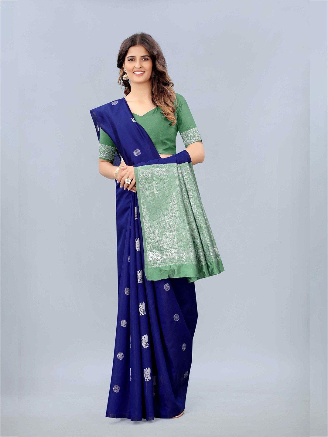 mizzific blue & green woven design zari silk cotton banarasi saree