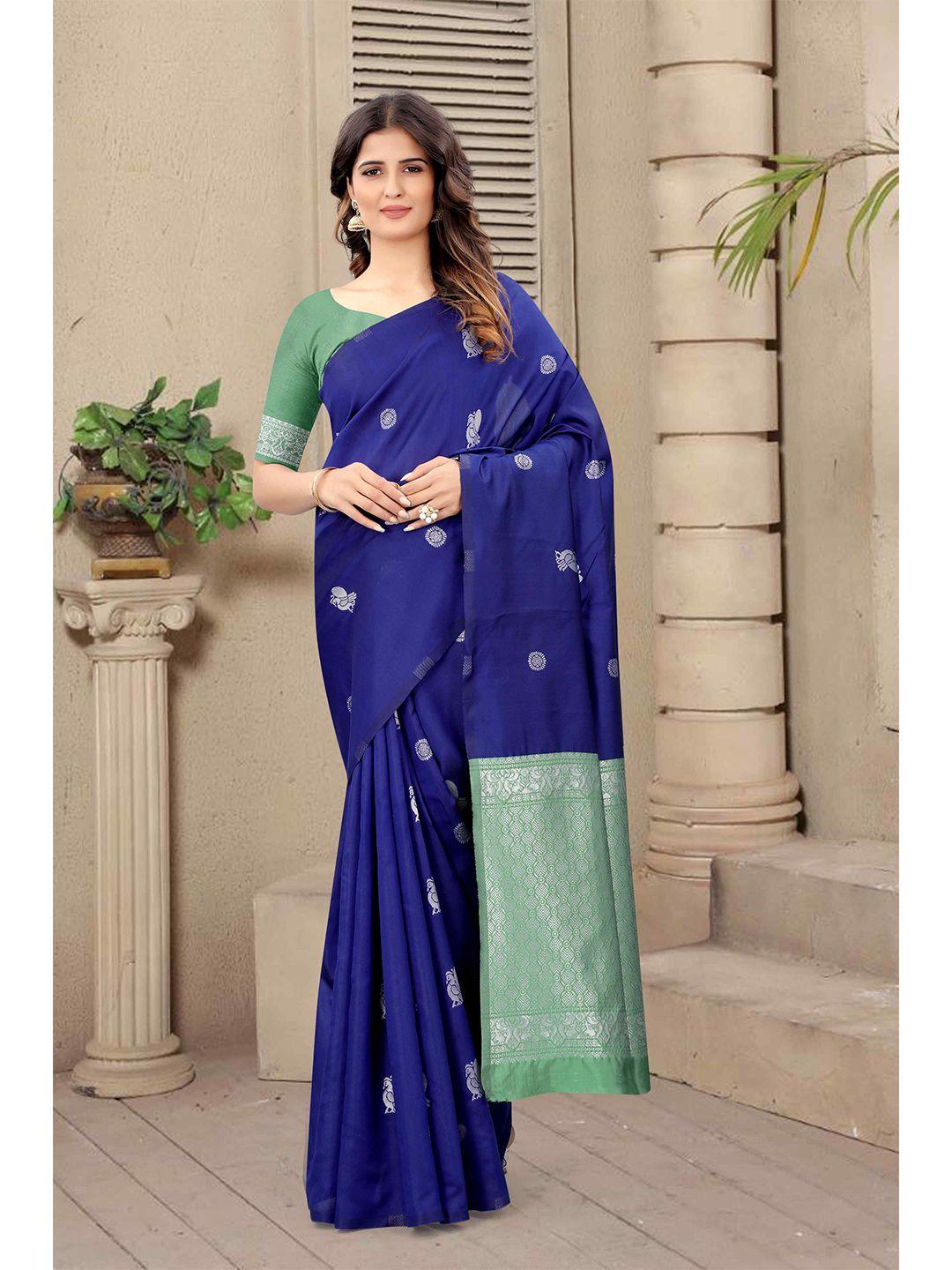 mizzific blue & silver-toned woven design zari silk cotton banarasi saree