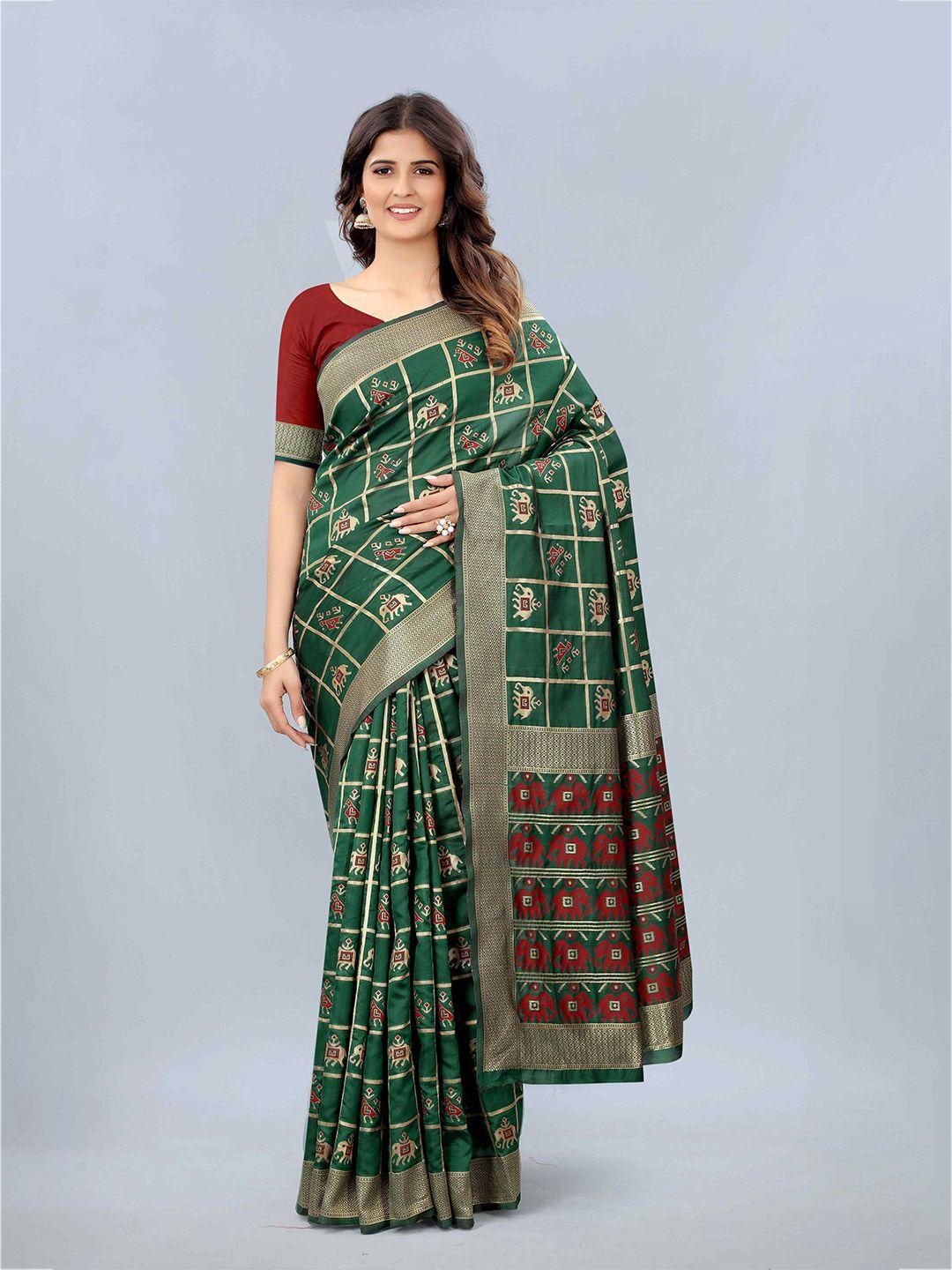 mizzific green & gold-toned woven design zari silk cotton banarasi saree