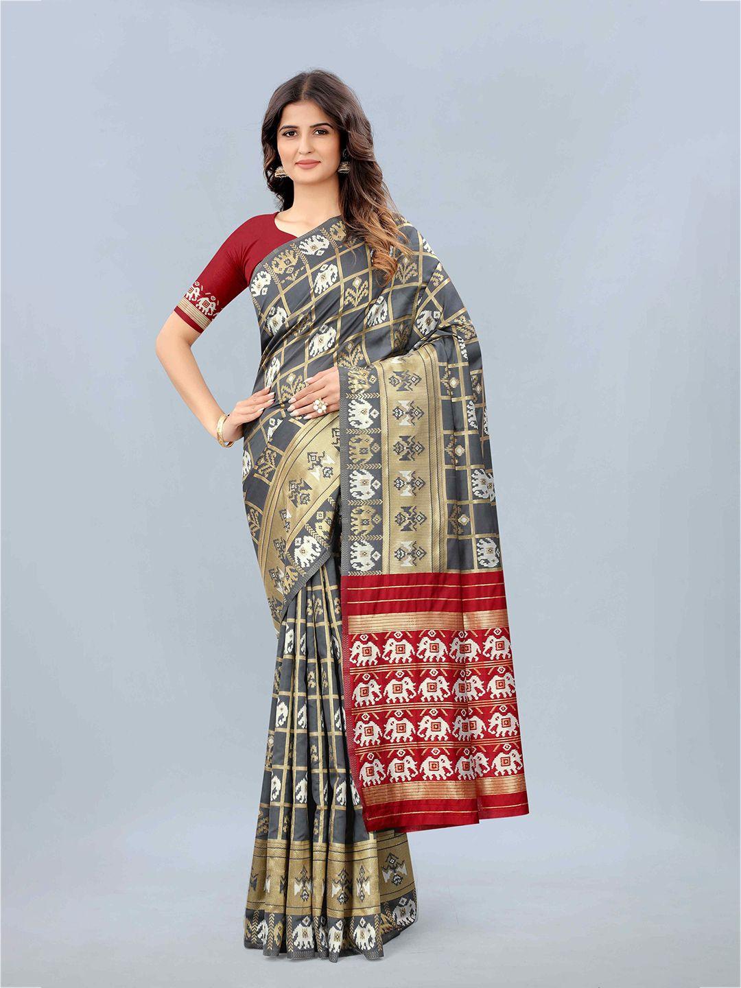 mizzific grey & red woven design zari silk cotton banarasi saree