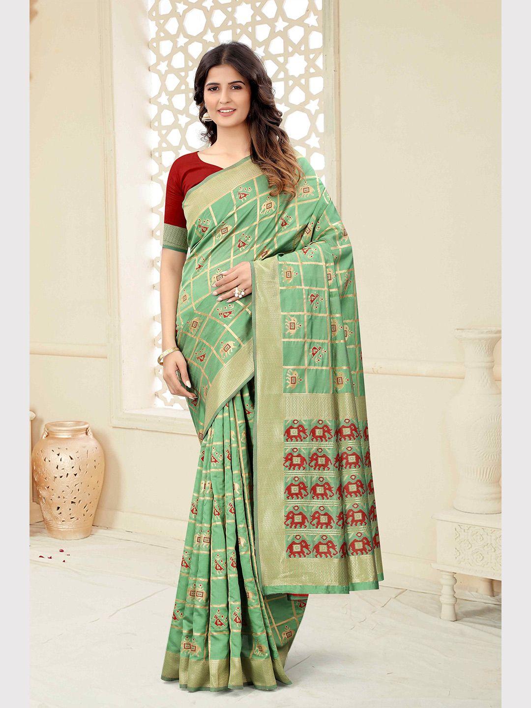 mizzific lime green & red woven design zari silk cotton banarasi saree