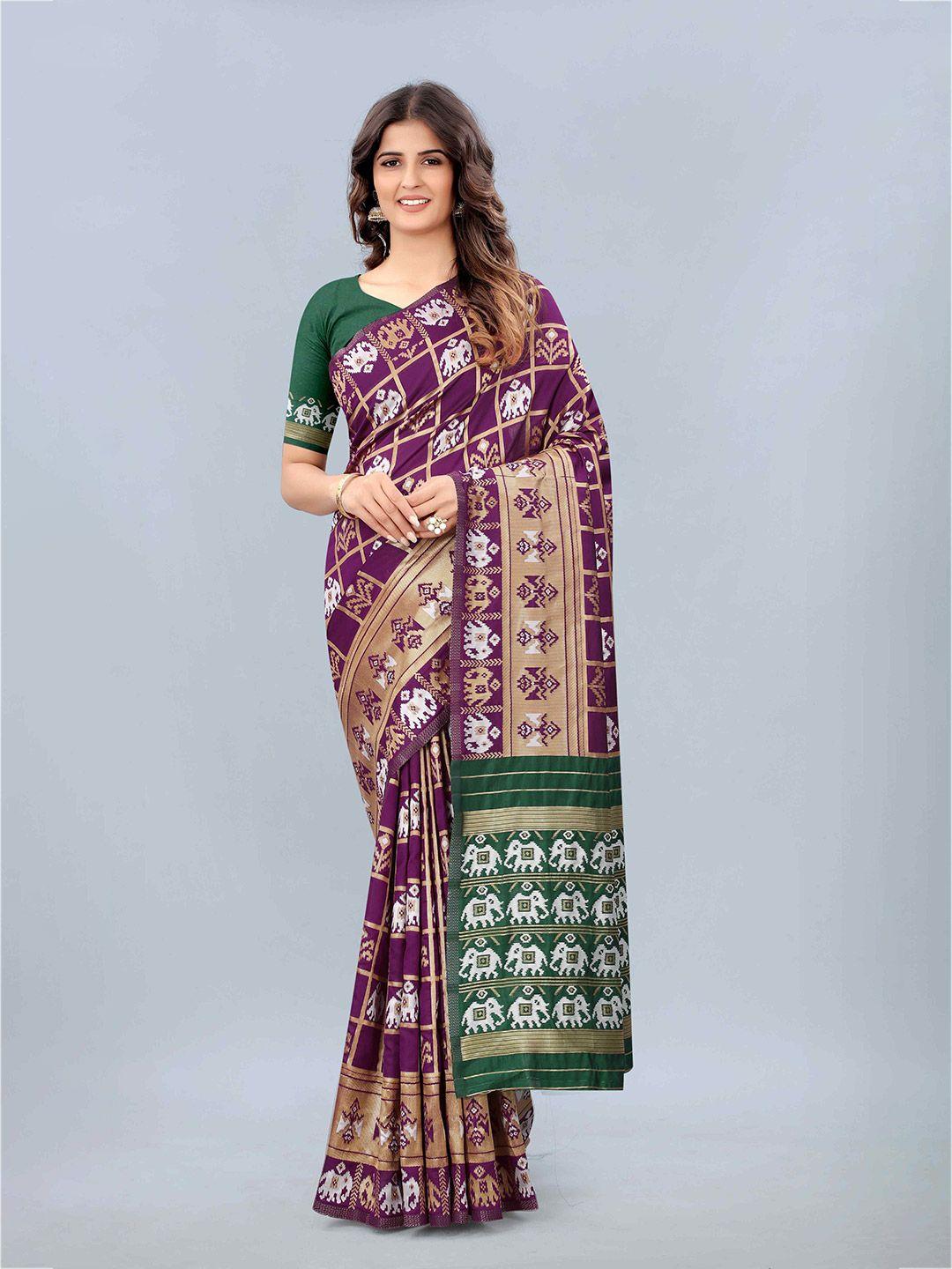 mizzific purple & green woven design zari silk cotton banarasi saree