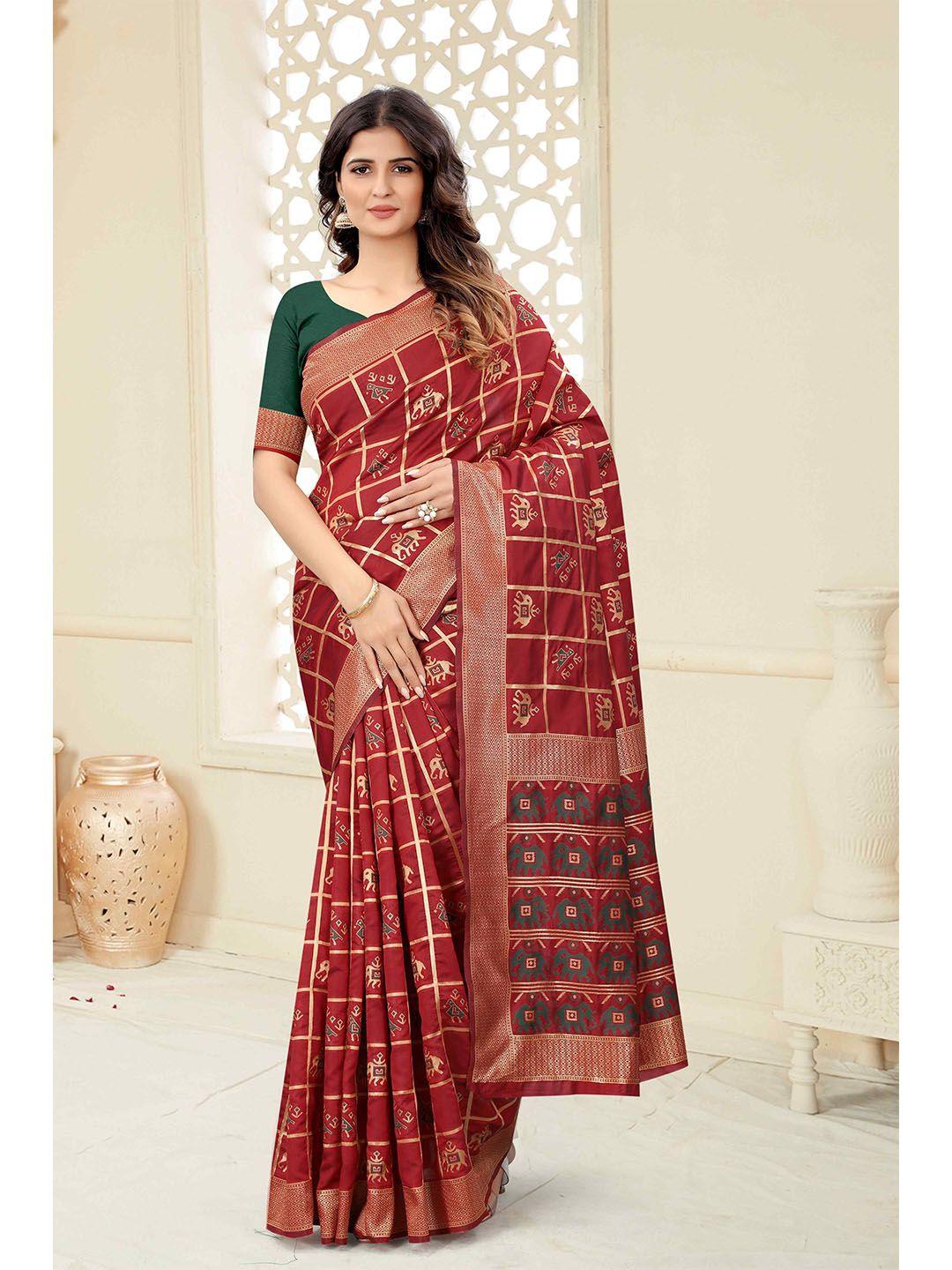 mizzific red & green ethnic motifs zari silk cotton banarasi saree