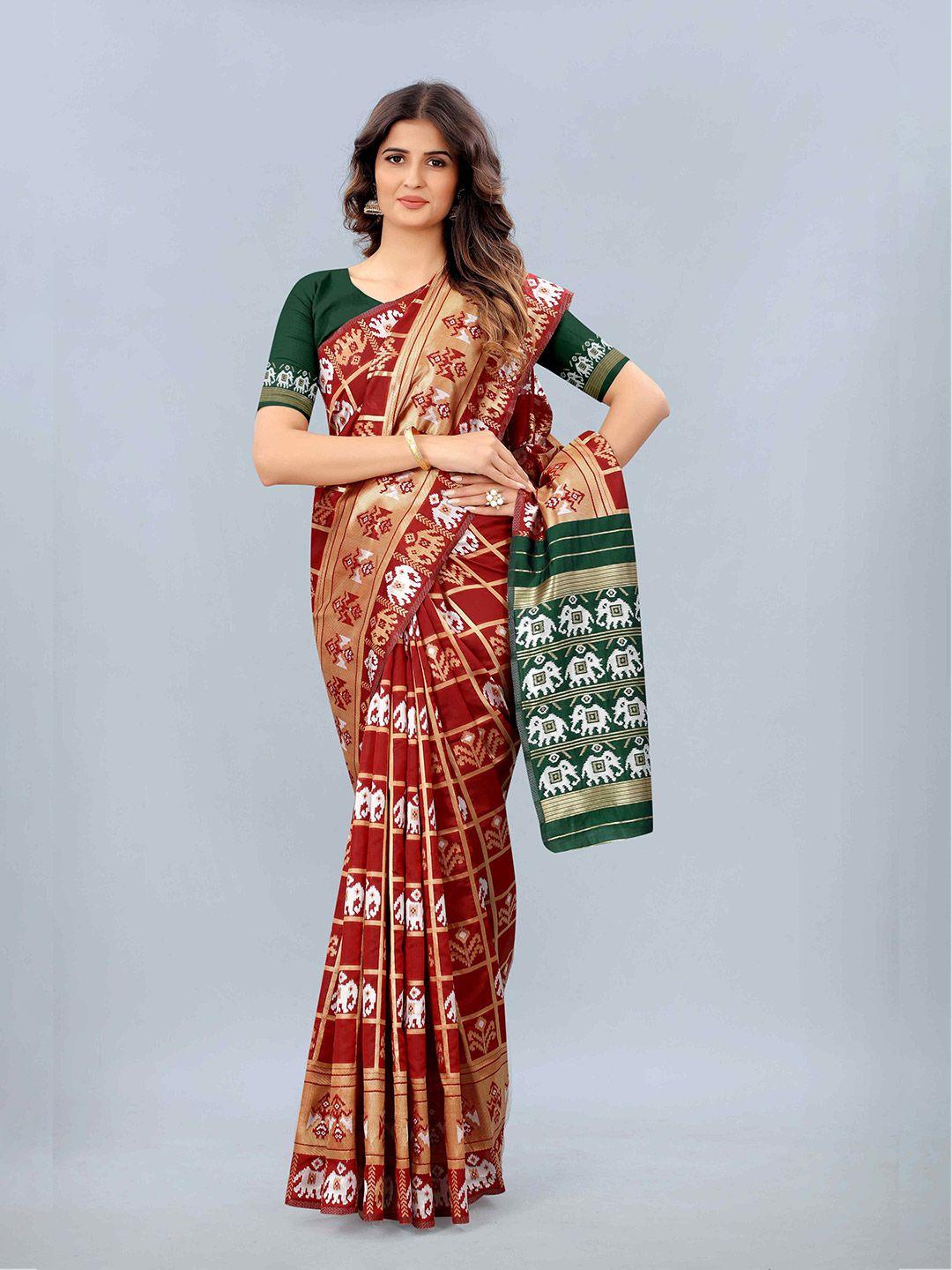 mizzific red & green woven design zari silk cotton banarasi saree