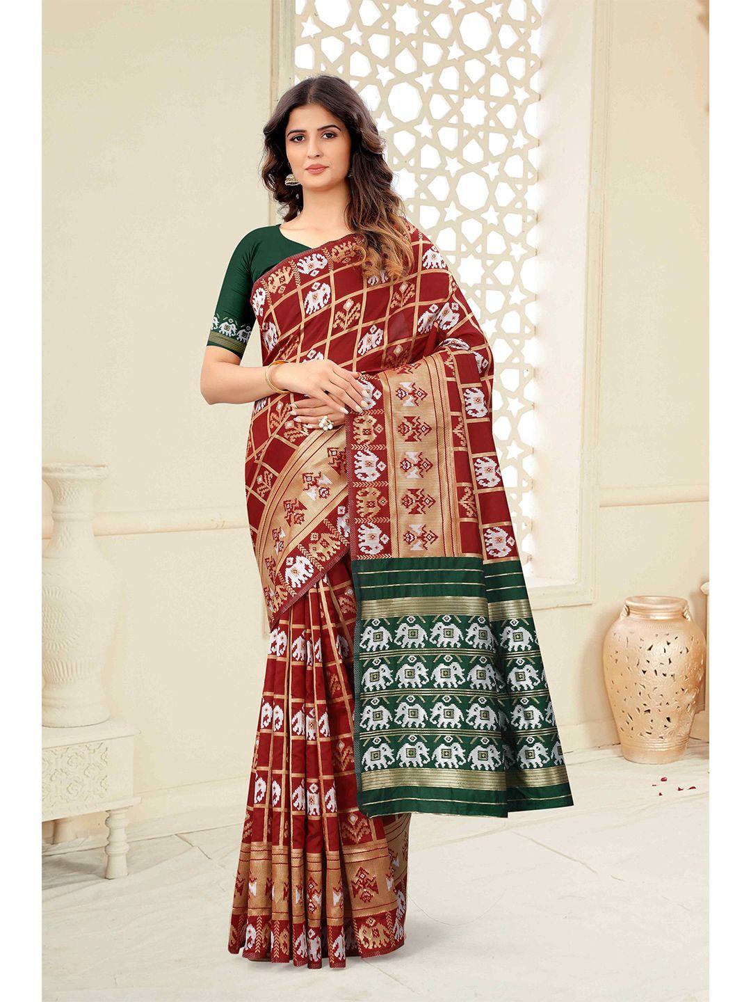 mizzific red & green woven design zari silk cotton banarasi saree