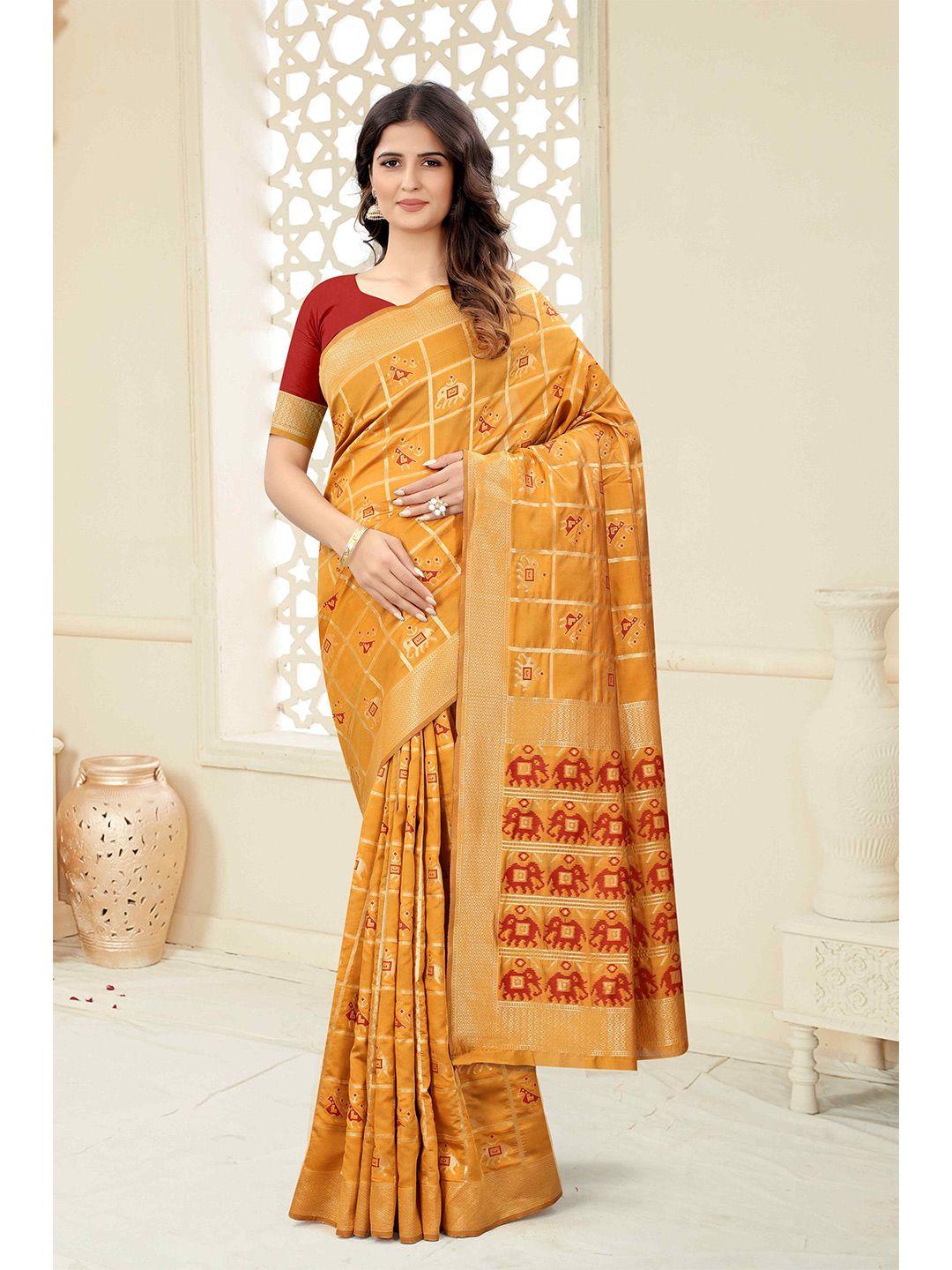 mizzific yellow & red woven design zari silk cotton banarasi saree