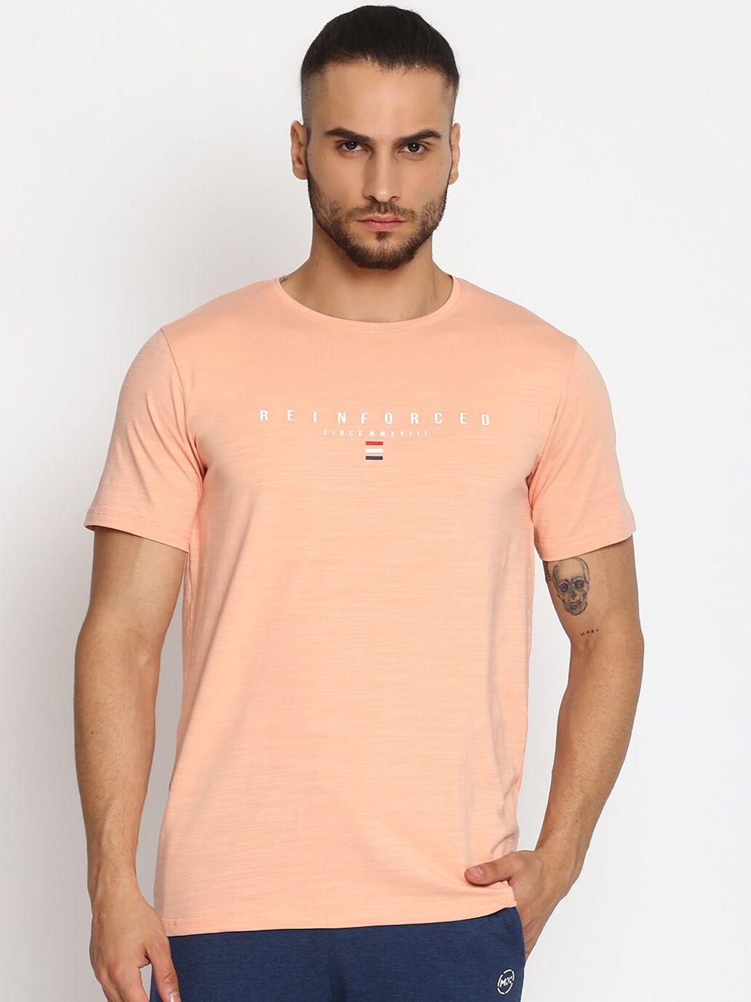 mkh men peach-coloured typography printed sports t-shirt