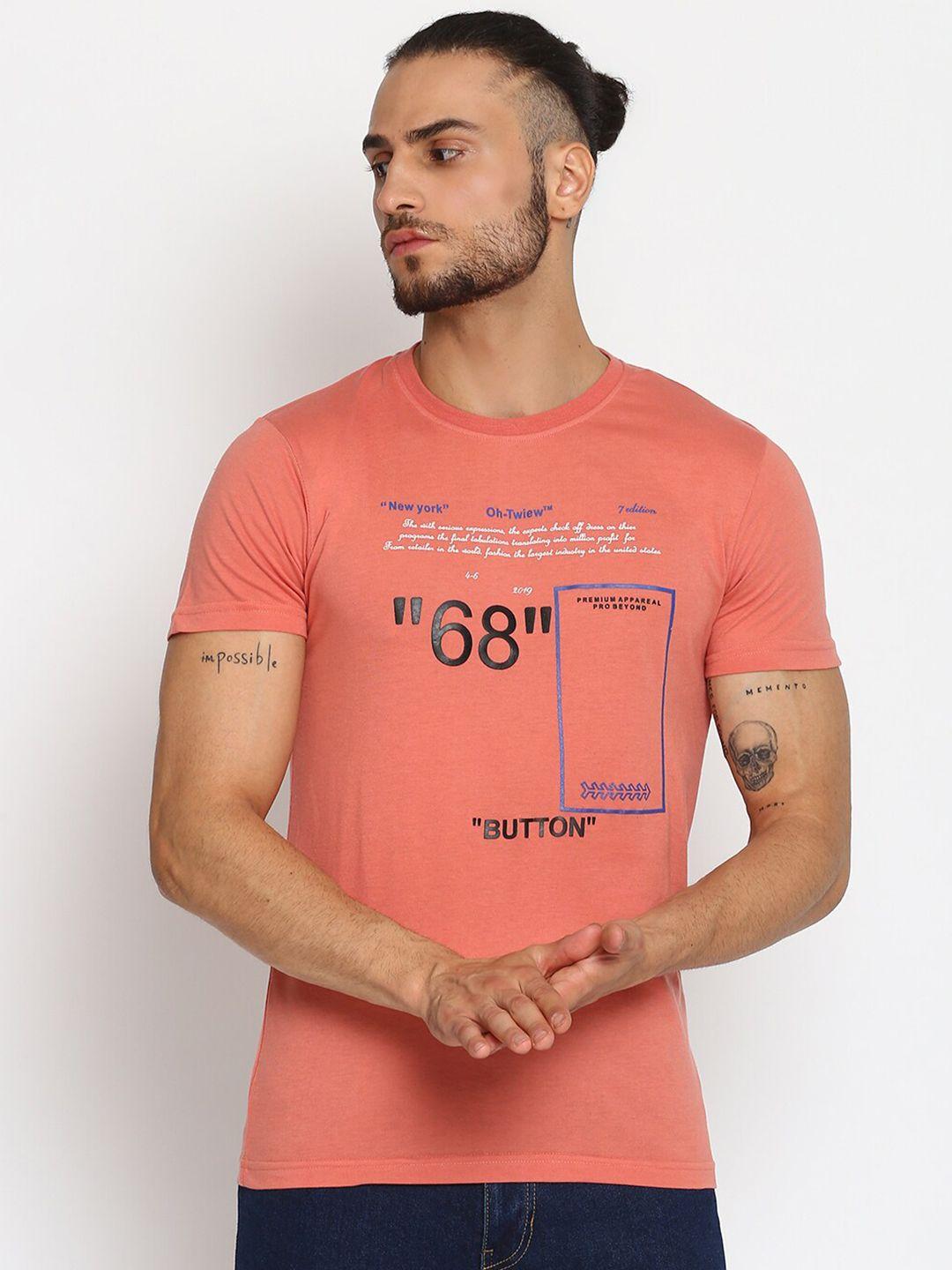 mkh men peach-coloured typography printed t-shirt