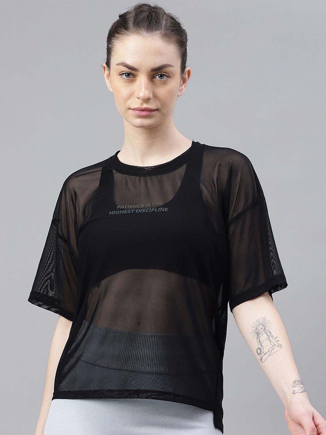 mkh women black typography printed dri-fit t-shirt