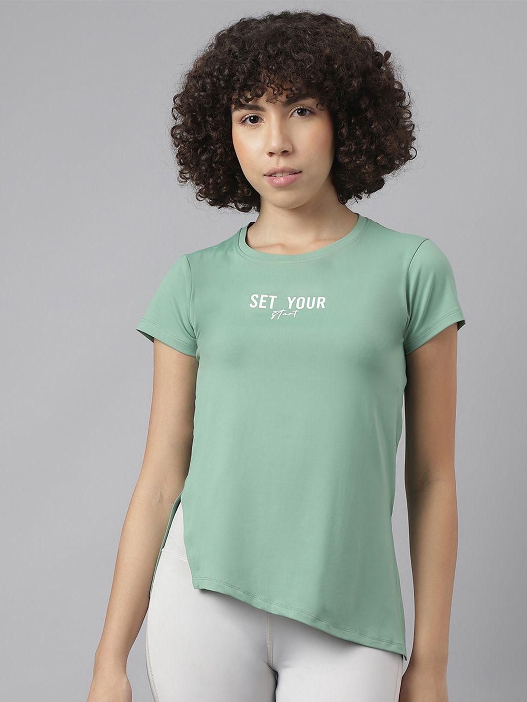mkh women green typography dri-fit raw edge t-shirt