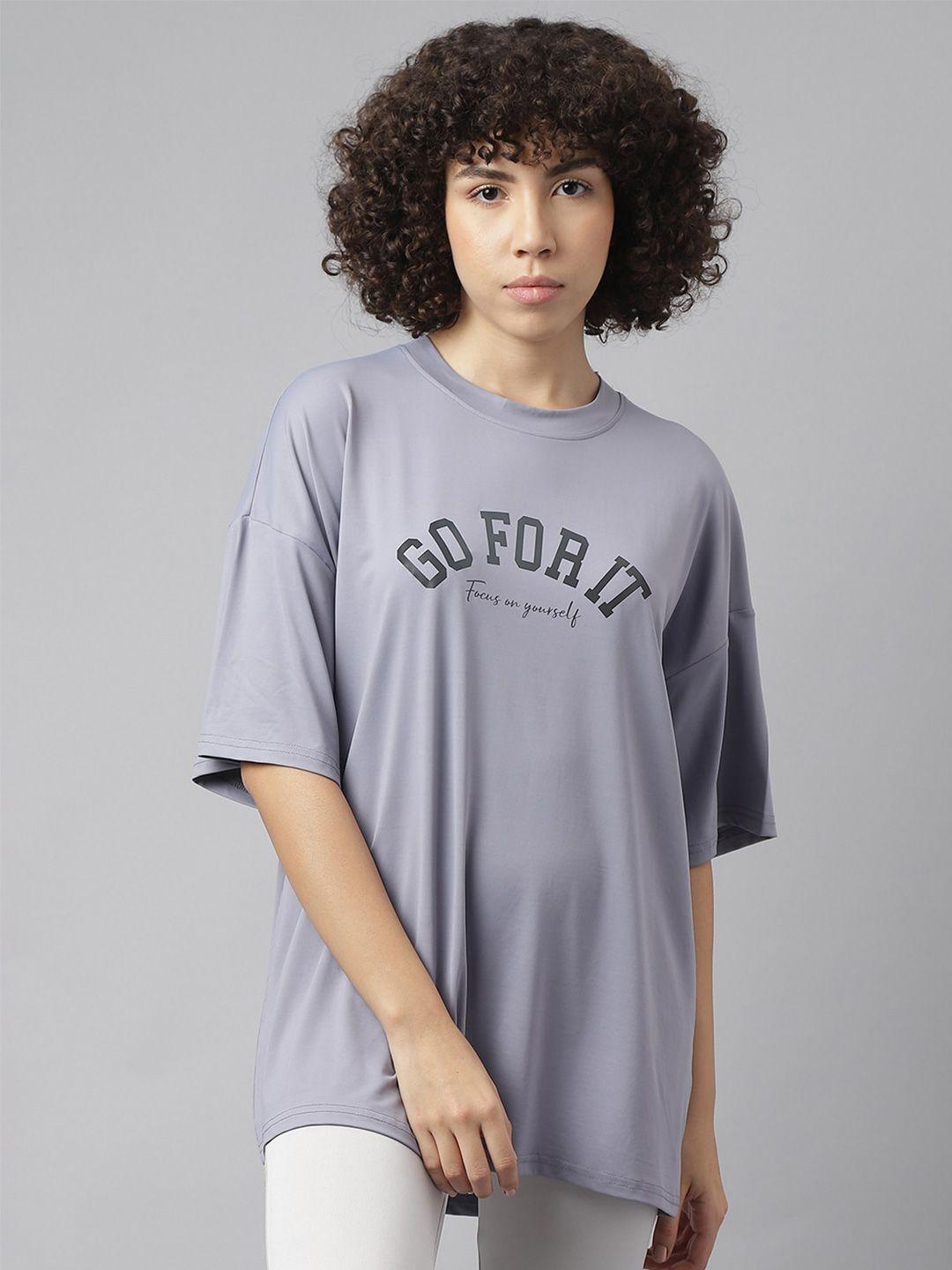 mkh women grey typography dri-fit pockets t-shirt