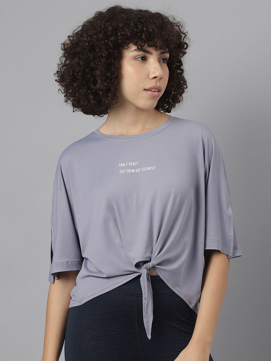 mkh women grey typography dri-fit raw edge t-shirt