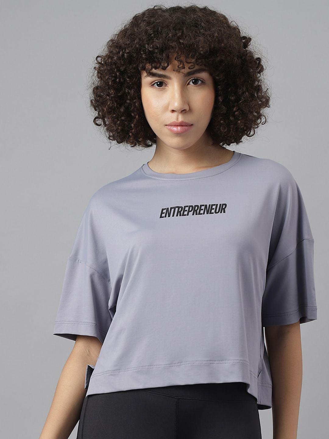 mkh women grey typography printed dri-fit t-shirt