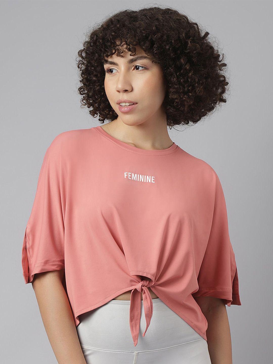 mkh women pink drop-shoulder sleeves dri-fit raw edge t-shirt