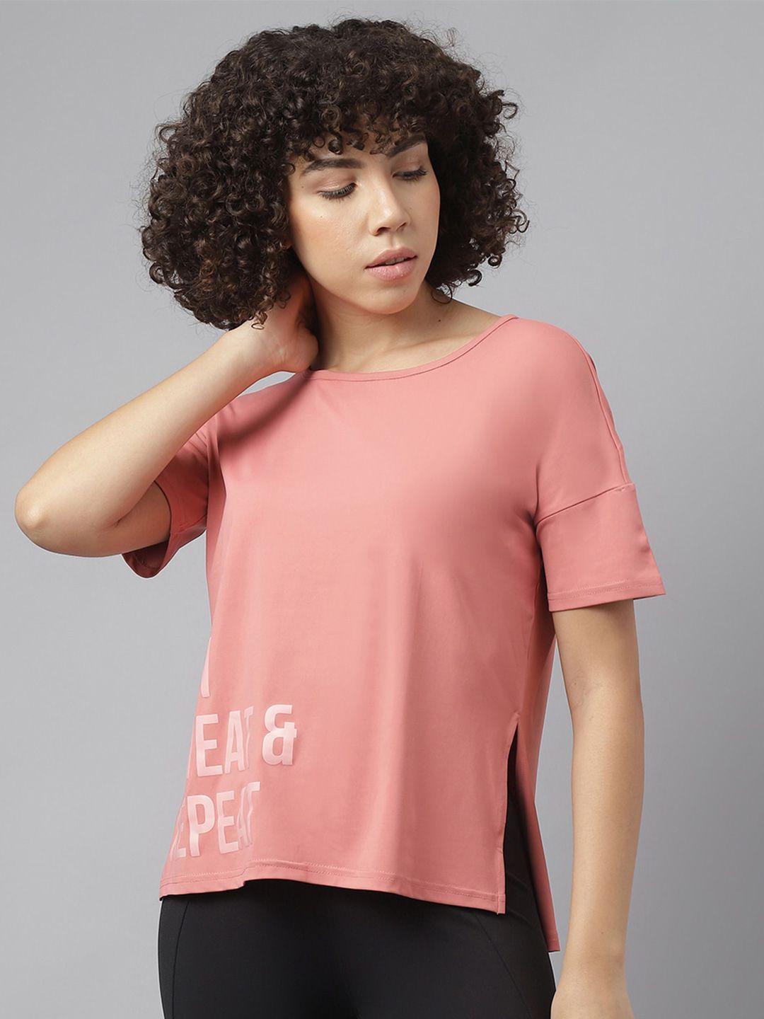 mkh women pink typography v-neck dri-fit pockets t-shirt