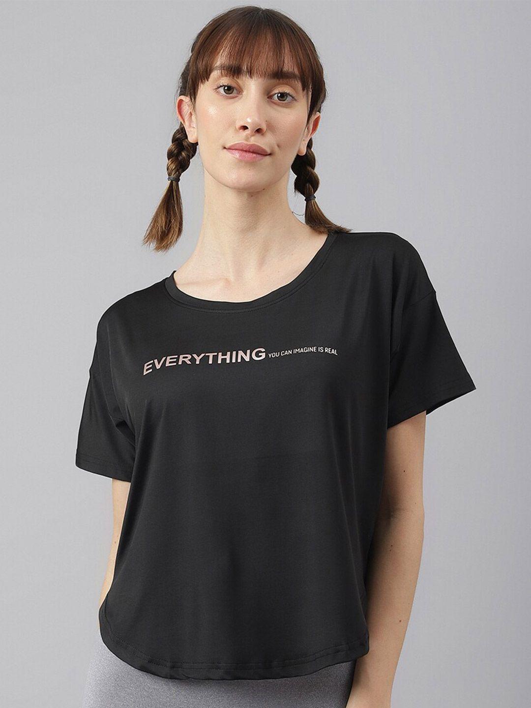 mkh women typography printed drop-shoulder sleeves dri-fit sports t-shirt