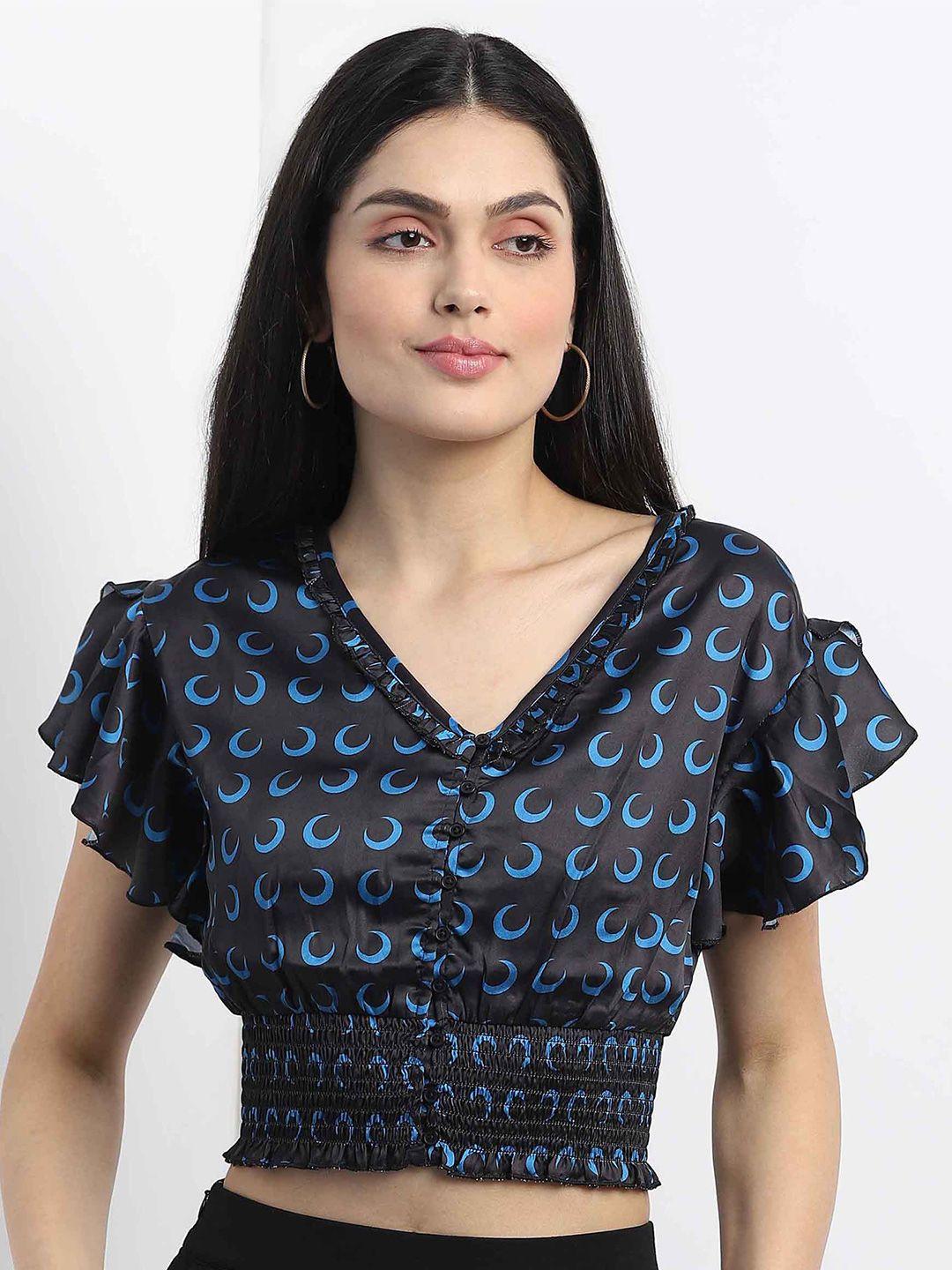 mkoal conversational printed smocked flutter sleeves satin crop top