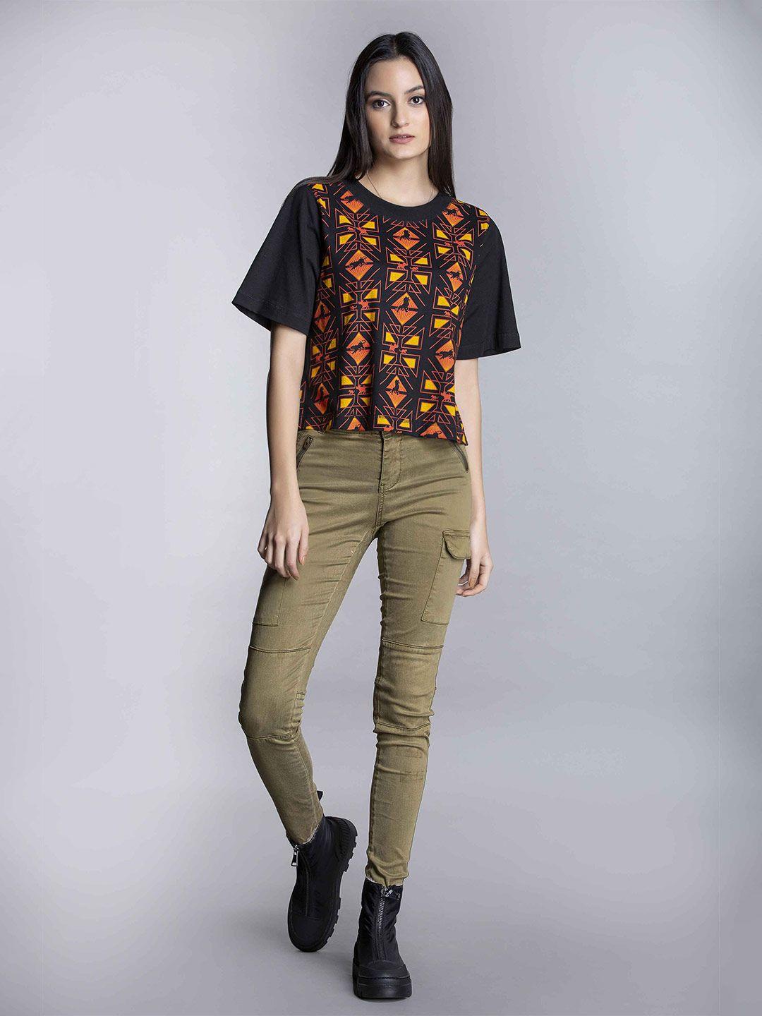 mkoal round neck geometric printed cotton top