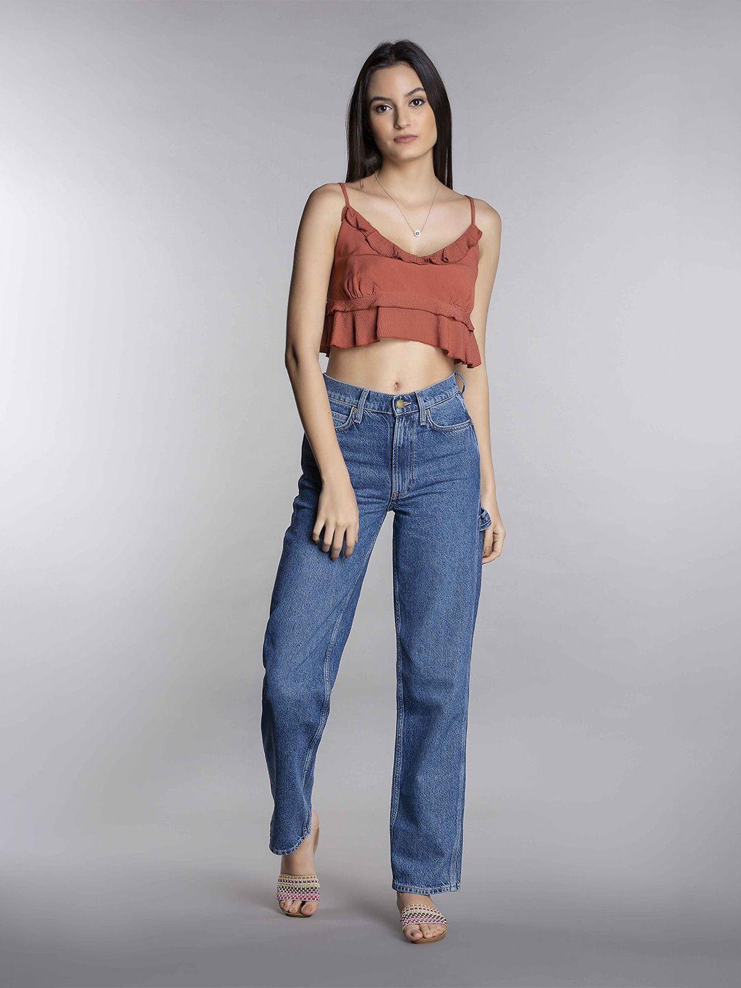 mkoal shoulder straps ruffled pure cotton crop top
