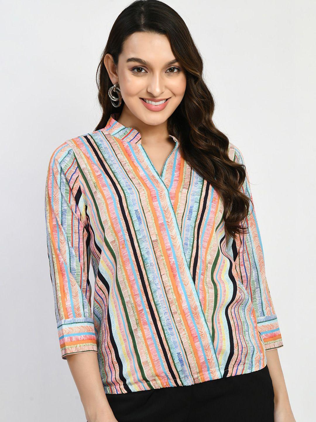 mkoal striped mandarin collar crepe shirt style top