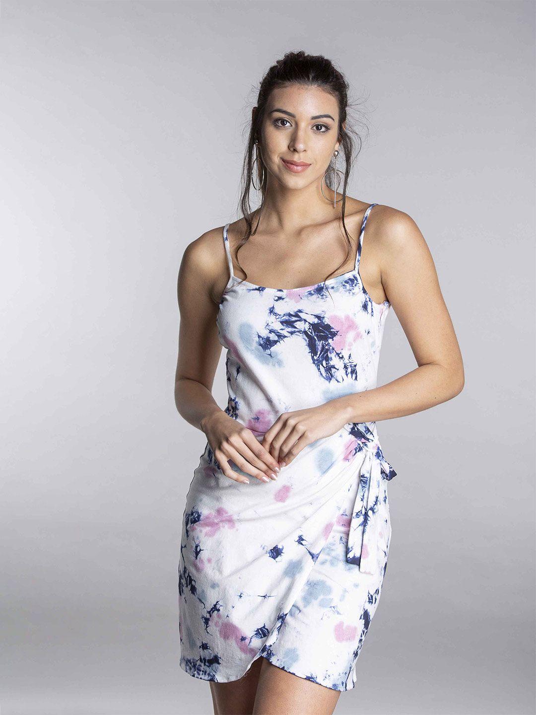 mkoal tie-dye printed tie-up pure cotton a-line dress