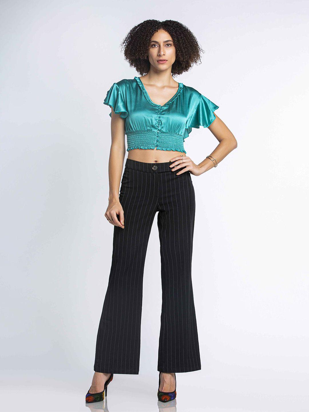 mkoal v-neck flutter sleeve smocked satin blouson crop top