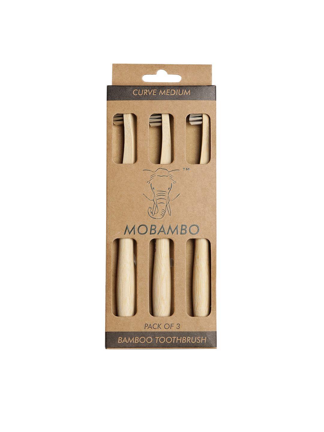 mobambo brown set of 3 curve handle medium bamboo toothbrushes