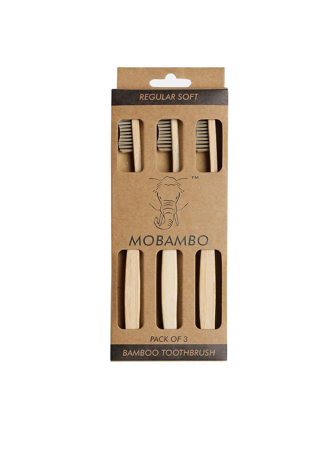 mobambo brown set of 3 regular handle soft bamboo toothbrushes