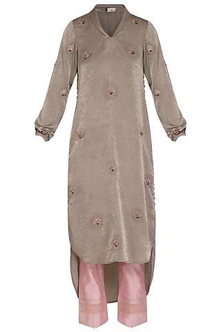 mocha brown floral embroidered tunic with pants