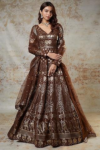 mocha brown georgette embroidered anarkali set