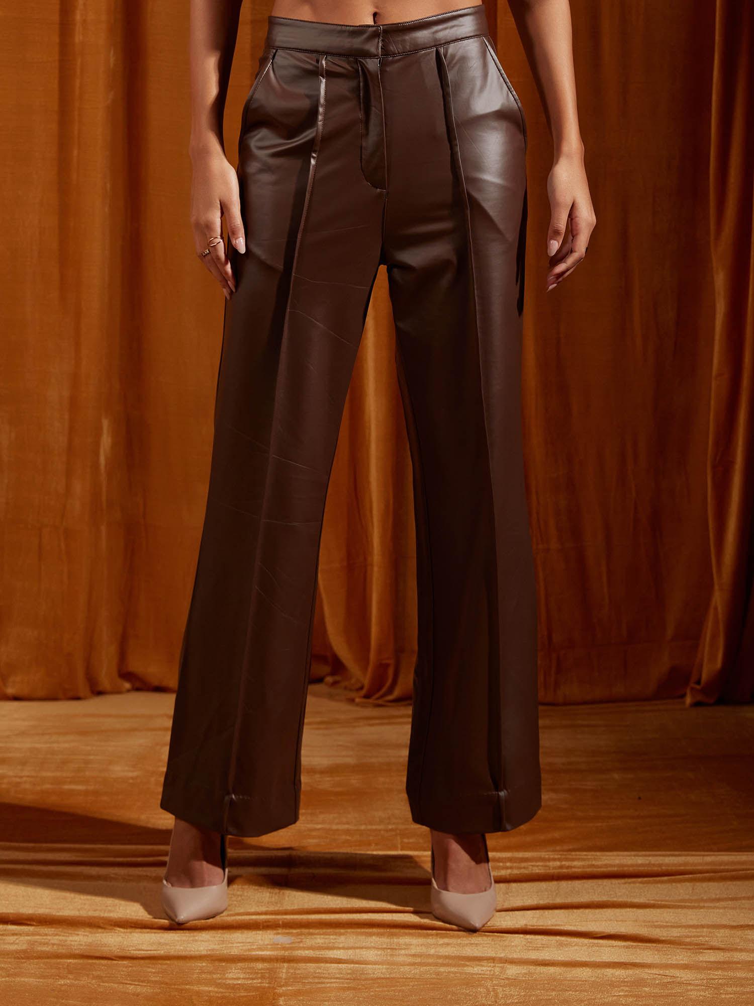 mocha faux leather straight-fit trousers